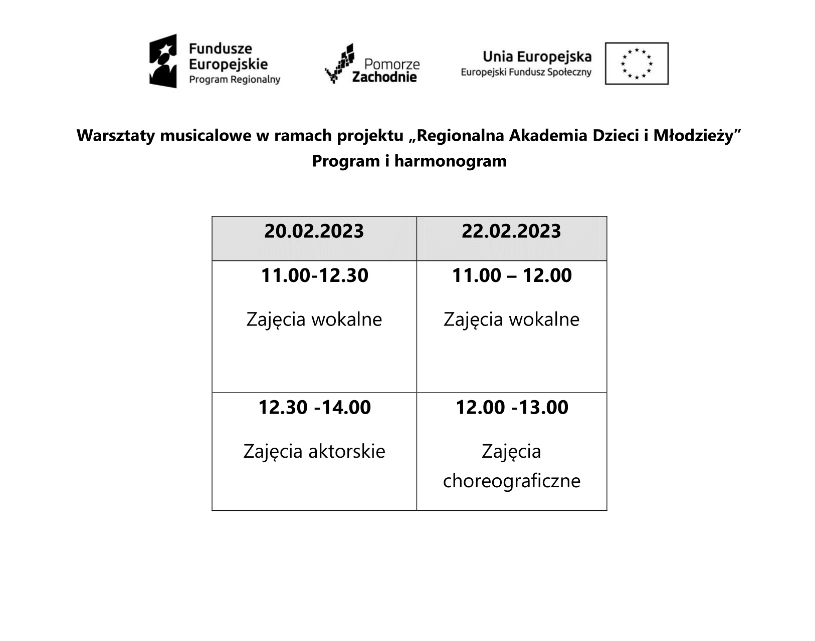 Zdjęcie przedstawia harmonogram warsztaów musicalowych w formie tabeli